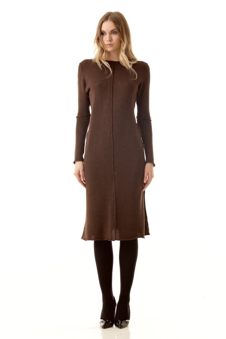 knitted dress, merino wool dress, wool dress, merino dress, knit dress, brown dress, knitted dress woman, brown merino dress, clean chic image 1