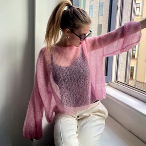 Mohair silk sweater pullover for women in pink, white, black, Sheer see-through mohair knit top
