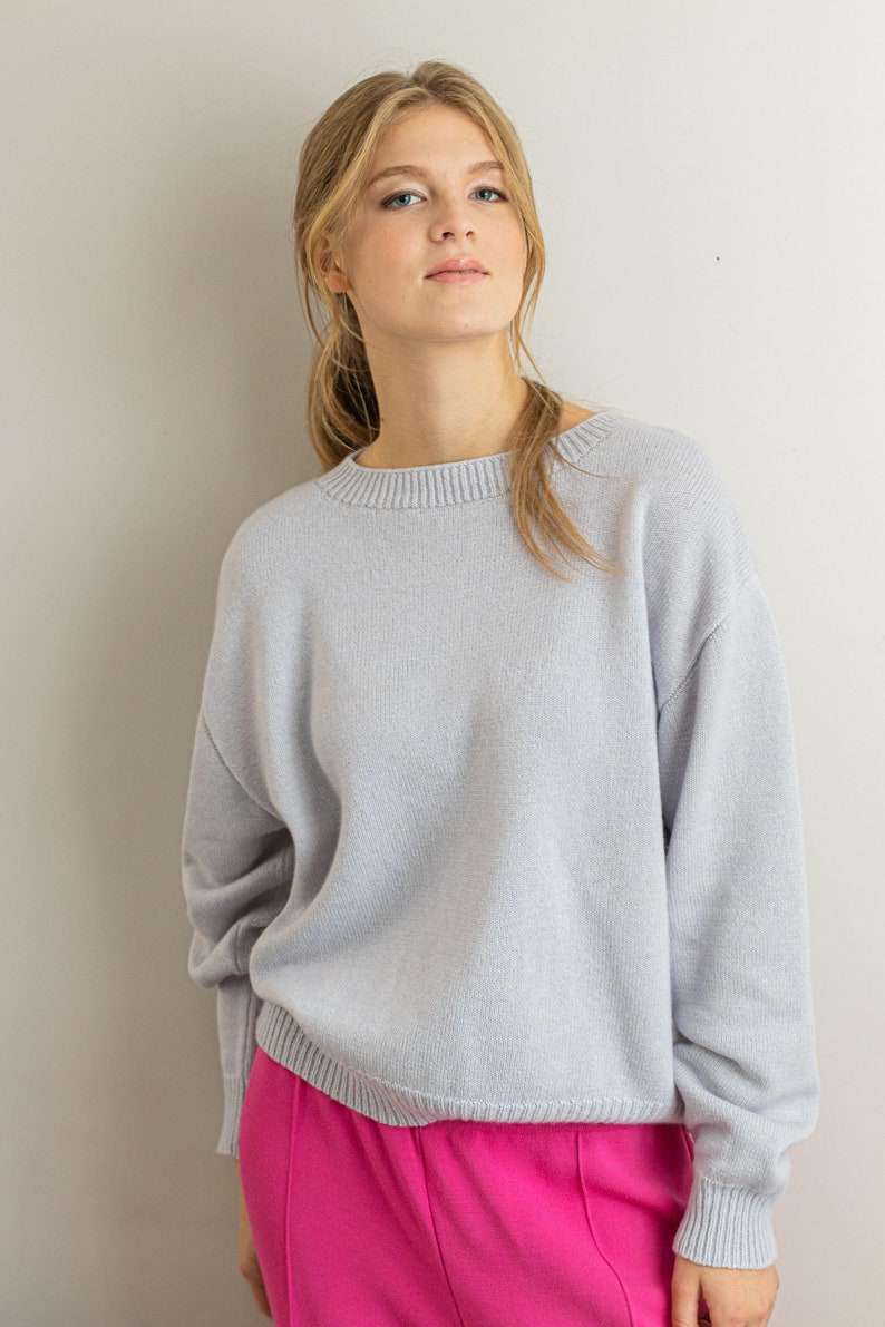 Cashmere Sweater, Knitted Silk Sweater, Pale Blue Jumper, Cashmere Silk Blend Pullover, Summer Wool Jumper, Handcraft Crew Neck Pullover image 2