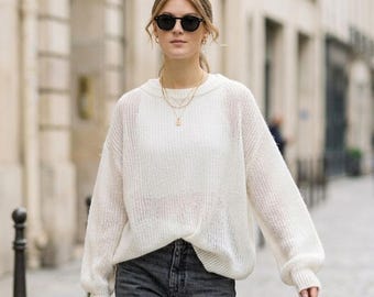 Handmade White Mohair Sweater Women – Fluffy Soft Oversized Knit Pullover – Hand Knitted Fuzzy Wool Jumper