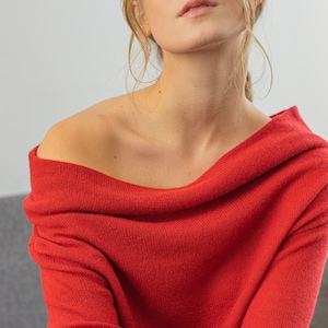 Red Off the Shoulder 100% Cashmere Sweater Cowl Neck Jumper, Drop Shoulder Pullover for Chic Winter Style, Perfect Gift for Her Red