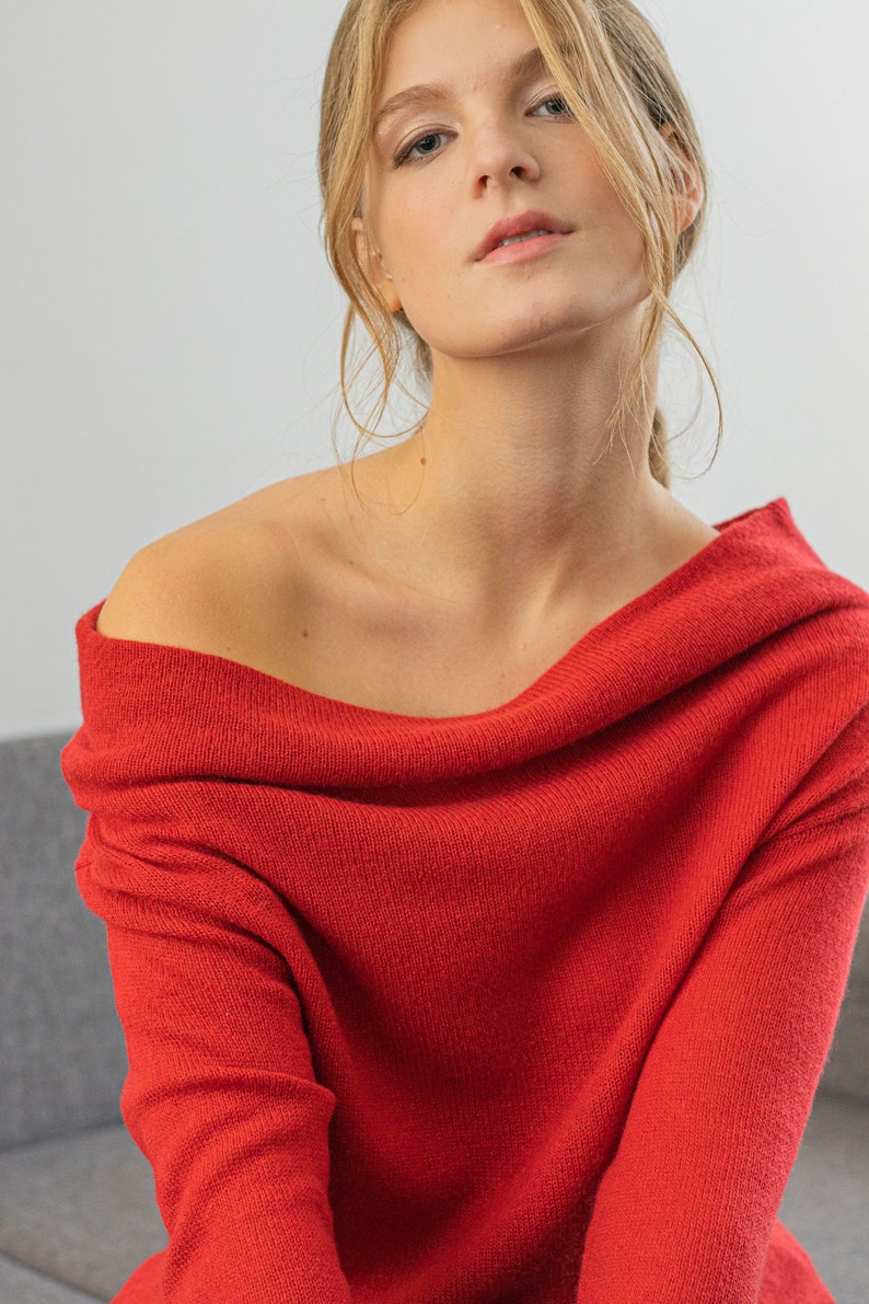 Red Off the Shoulder 100% Cashmere Sweater Cowl Neck Jumper, Drop Shoulder Pullover for Chic Winter Style, Perfect Gift for Her Red