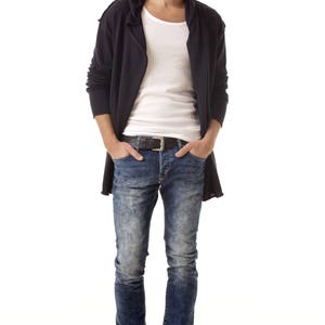 Casual men's wrap sweater with hood and raw hem details
