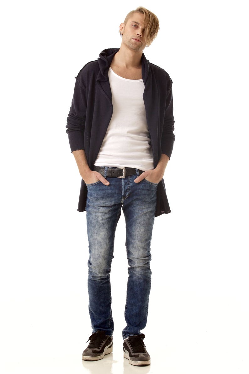 Casual men's wrap sweater with hood and raw hem details