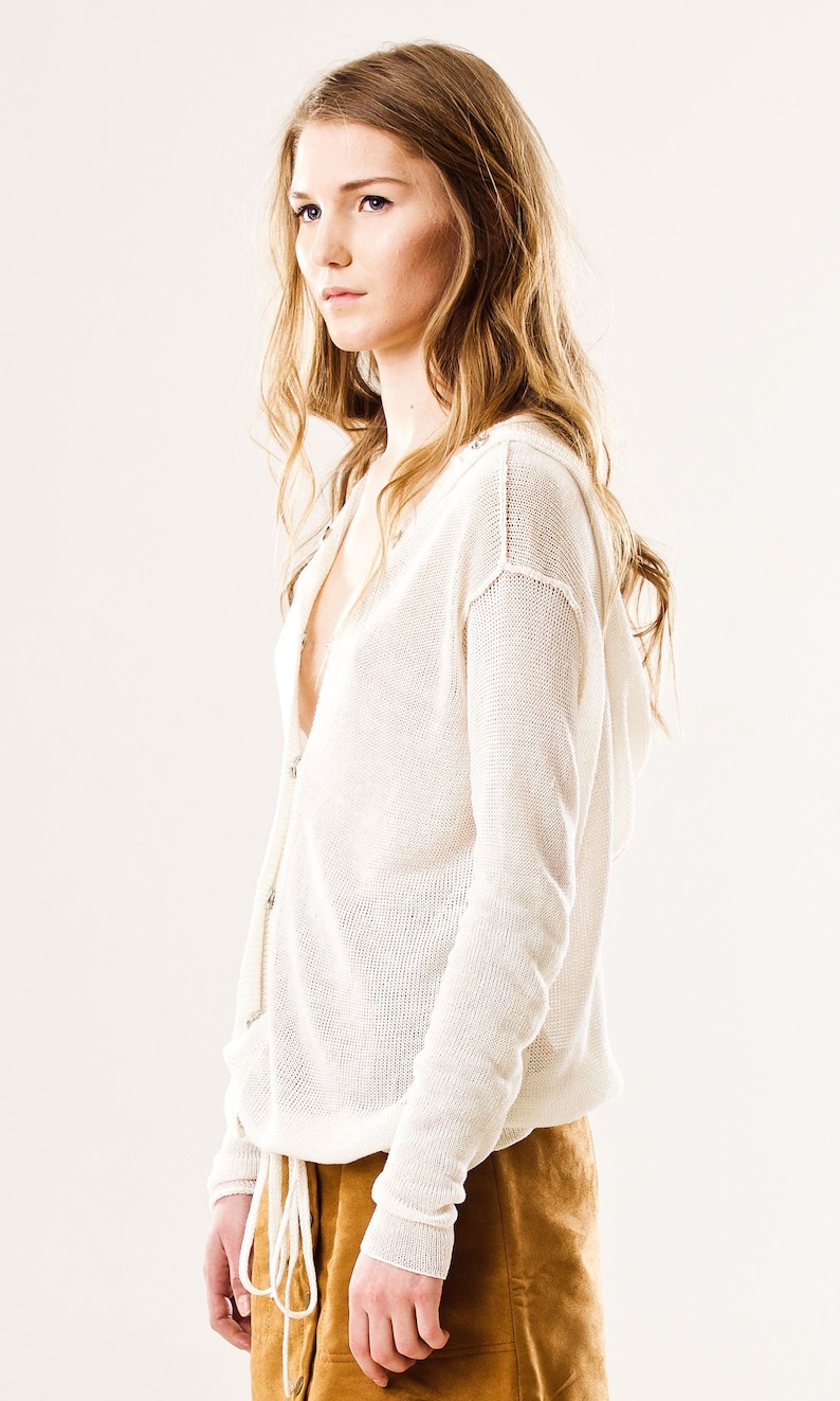 100% Linen Hooded Cardigan Sheer Knit Women's Sweater, Lightweight White Linen Jacket for Spring/Summer, Elegant Gift for Her image 5