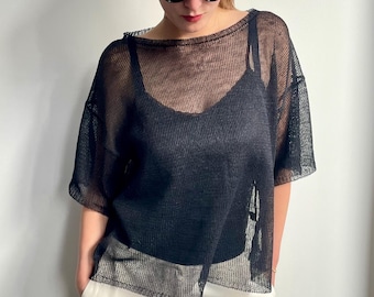 Lightweight Summer Top, 100% Linen, Knit Top Black Tee, Sheer Breathable Top, Minimal Boxy Fit, Handmade Women’s Top