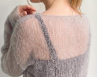 Grey Mohair Silk Sweater Women, Sheer Knit Top, Lightweight See-Through Pullover, Oversized Layering Knit