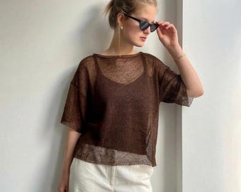 Brown Linen Top Women, Sheer Linen Knit Top Short Sleeve, Open Knit Summer Top, Handcrafted Linen Knitwear