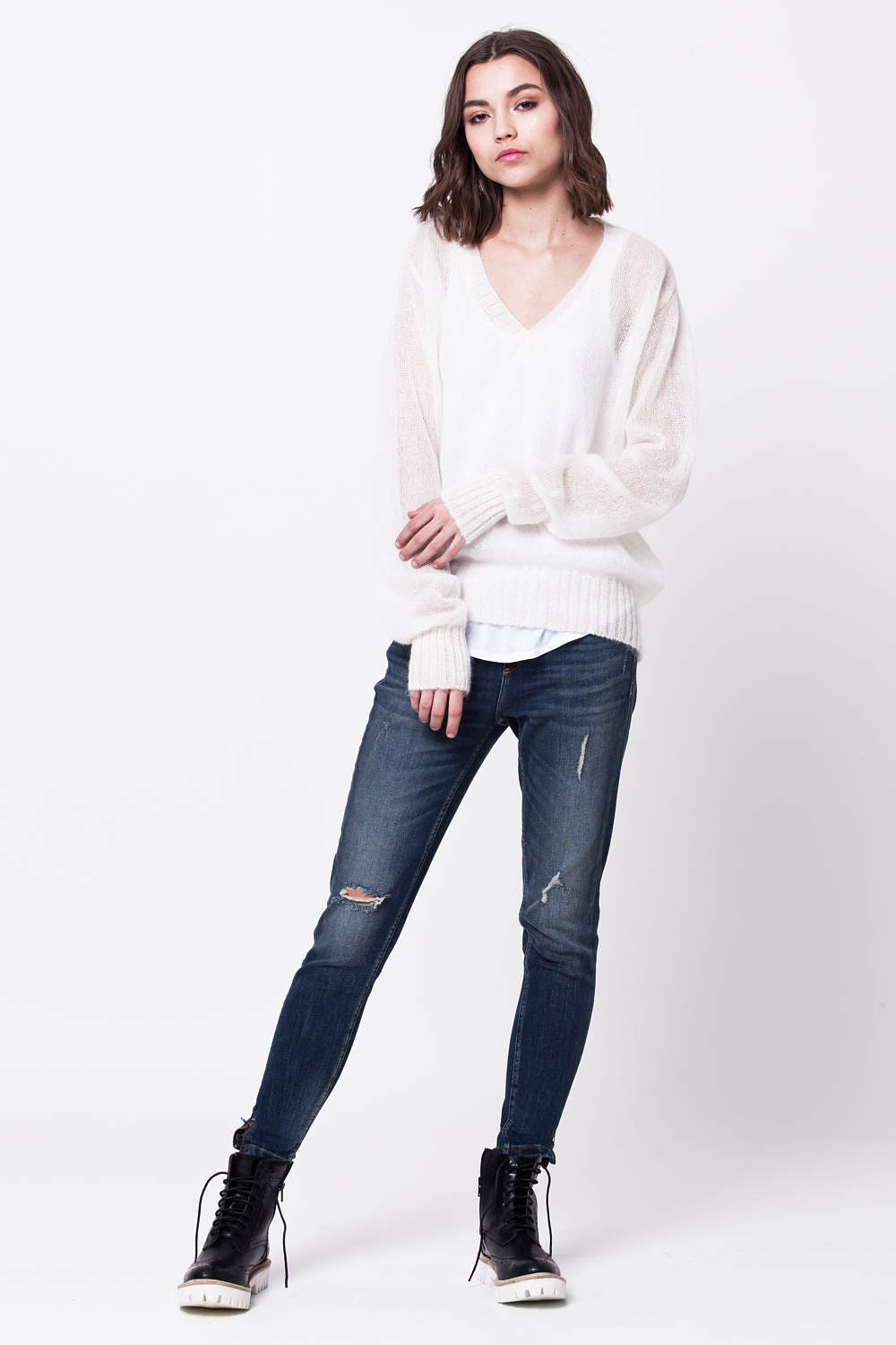 white jumper v neck