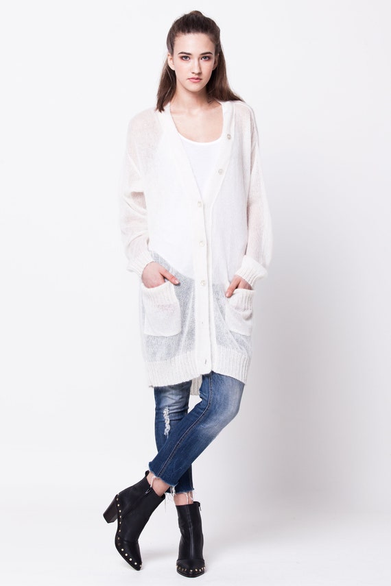 Long white knit cardigan top