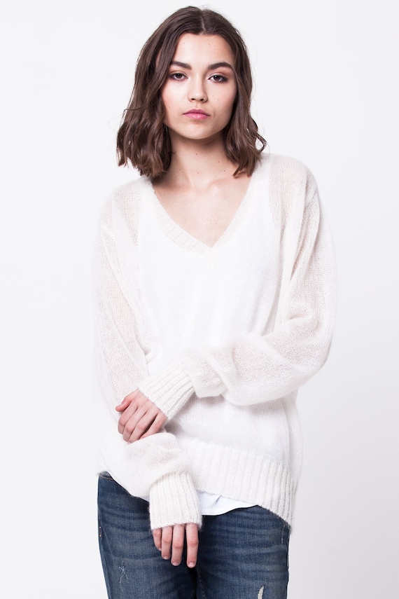 White Mohair Sweater, Sheer V-neck Pullover Top, Lightweight