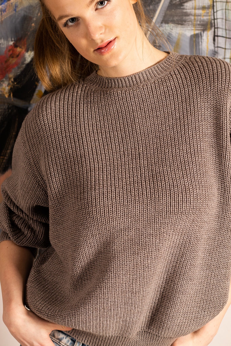 Knitted wool sweater, Women wool sweater, Brown knit woolen jumper, Black crew neck pullover, Knitwear top, Ribbed sweater image 9