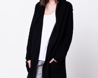 READY to SHIP - XL - Long Wool Cardigan, 100% Cashmere, Hooded Cardigan Women, Belted Cardigan, Cozy Black Hoodie, Long Knit Sweater