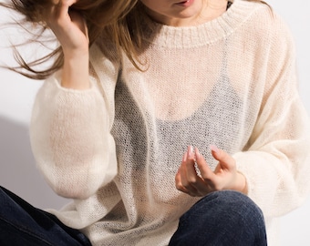 White Mohair Sweater Women, Sheer Mohair Silk Pullover, Lightweight Airy Knit Jumper, Oversized Loose Spring Summer Sweater
