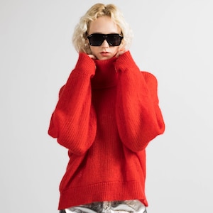 Red Mohair Sweater with Detachable Collar: Hand-Knit Chunky Wool Jumper