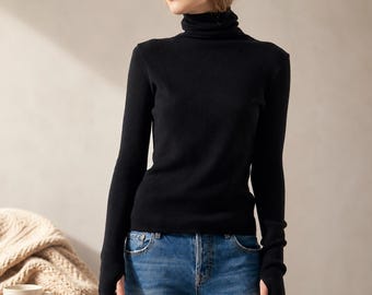 Black Turtleneck Sweater - XS - 100% merino wool, Slim Fit Roll Neck Jumper with Thumbholes