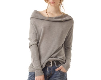 Grey Off the Shoulder Sweater 100% Cashmere Sweater - Off Shoulder Jumper, Cowl Neck Pullover, Knit Drop Shoulder Wool Top