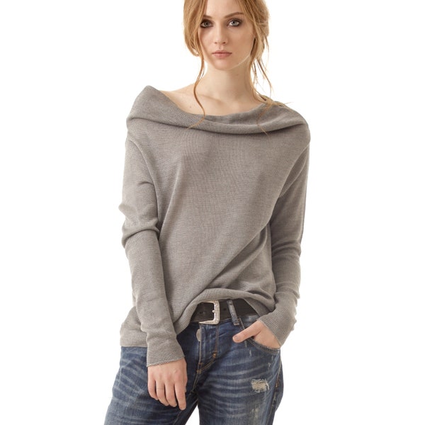Grey Off the Shoulder Sweater 100% Cashmere Sweater - Off Shoulder Jumper, Cowl Neck Pullover, Knit Drop Shoulder Wool Top