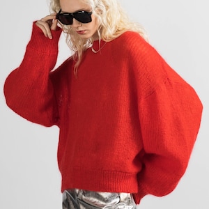 Hand Knit Red Mohair Sweater with Detachable Collar
