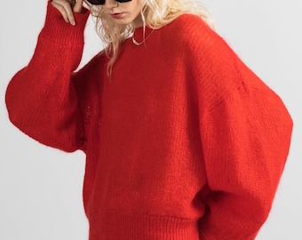Hand Knit Red Mohair Sweater with Detachable Collar