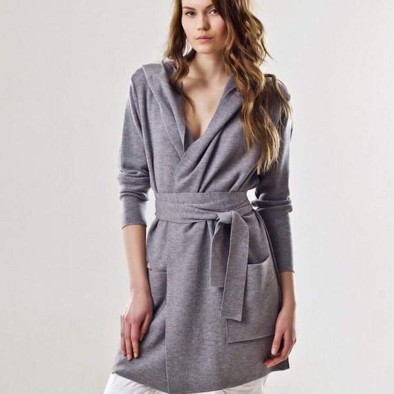 Grey Cardigan With Hood Hooded Open Front Wrap Cardigan Long Fine Knit Sweater Womens Woolen Sweater With Hood Knitted Womens Jacket Etsy Australia