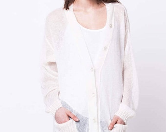 White Mohair Cardigan - L size - Sheer Long Knit Sweater, Open Front Button Duster, Gift for Her