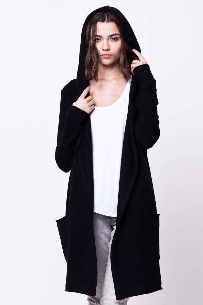 Cashmere Cardigan Sweater, Black Long Knitted Cashmere Wrap, Womens Hooded Open Front Knit, Cashmere Wool Cardigan with Pockets for Ladies Black