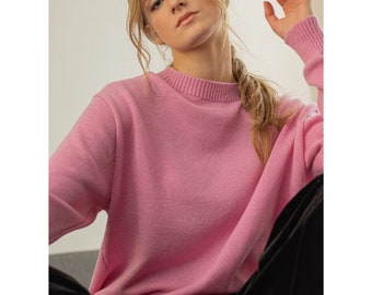 Rosa Pullover - Wollpullover, Pullover mit Rundhalsausschnitt, warmer Pullover für den Sommer, Strickpullover mit Rundhalsausschnitt, eleganter Pullover
