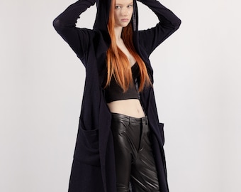 Cashmere Knit Cardigan Hoodie: Lightweight Wool Wrap Jacket with Pockets