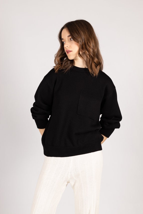 Pull noir col rond en laine Mérinos - Noir