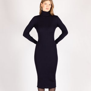 Wool Turtleneck Dress - Knit Fitted Dress, Knit Sweater Midi, Roll Neck Merino Tunic, Cold Weather Wear