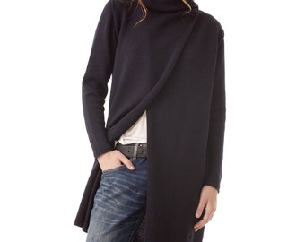 Cardigan lungo con cappuccio, cardigan in lana merino al 100%, maglione lavorato a maglia nero aperto sul davanti, cardigan nero estivo da donna con cappuccio