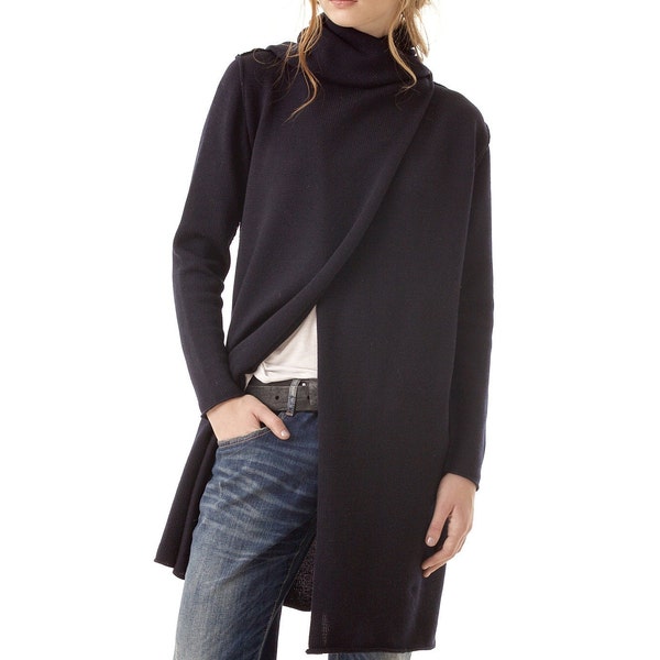 Cardigan long à capuche, Cardigan 100 % laine mérinos, Pull noir en tricot ouvert sur le devant, Cardigan d'été noir à capuche pour femme