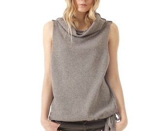 Cashmere Cowl Neck Sweater Vest, Sleeveless Knit Top, Tie Waist Cashmere Tank, Minimalist Layering Top Women