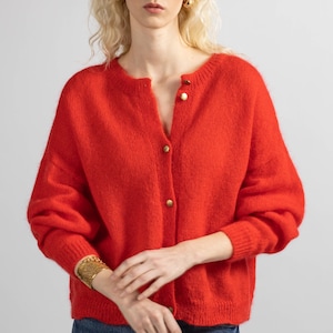 Red Mohair Cardigan: Hand-Knitted Wool Button-Up Jacket