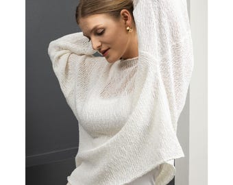 Vit tröja, Tröja i bomullslinne, Vegansk löst stickad linnetröja för kvinnor, Andningsbar oversized topp, Pullover, Handgjord tröja