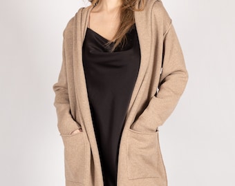 Women's Organic Colour Longline Cashmere Cardigan Taupe - Gobi