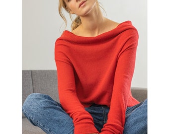 Red Off the Shoulder 100% Cashmere Sweater – Cowl Neck Jumper, Drop Shoulder Pullover for Chic Winter Style, Perfect Gift for Her