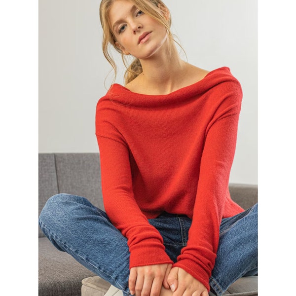 Pull rouge à épaules dénudées 100 % cachemire - Pull à col bénitier, Pull à épaules tombantes pour un style hivernal chic, Cadeau parfait pour elle