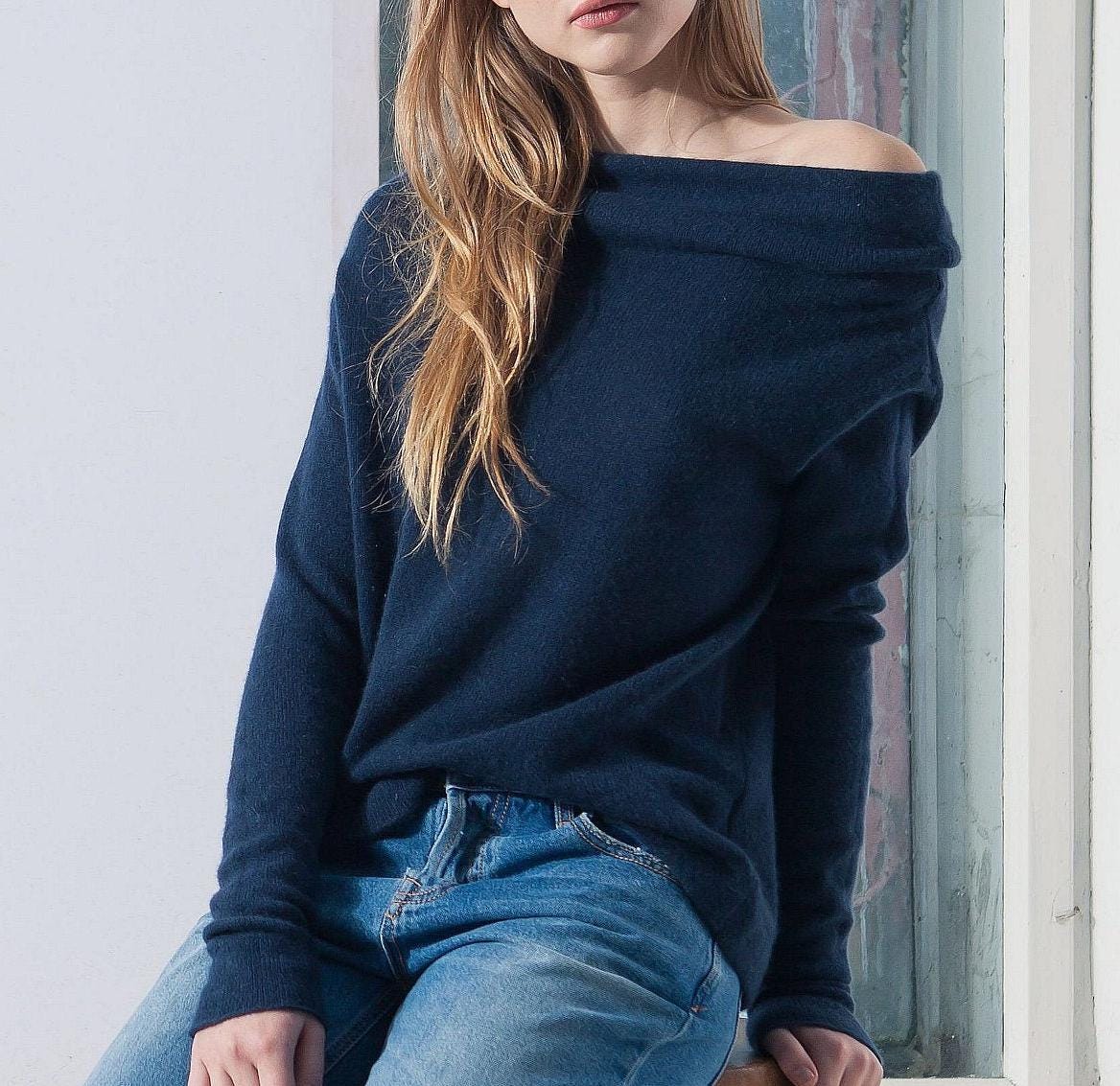 Off Shoulder Cashmere Sweater, Women's Cowl Neck Wool Pullover, Asymmetrical Jumper, Cozy Knit Top,