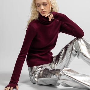 Wool turtleneck sweater, Dark red merino pullover, Womens cozy knit top, Wine red long sleeve rollneck jumper, Burgundy pullover