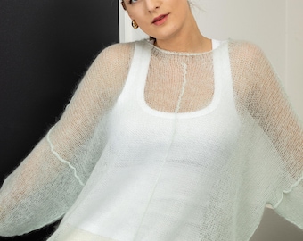 Sheer Mohair Sweater, Lightweight Knit Pullover, Soft Airy Layering Top, Side Tie Jumper