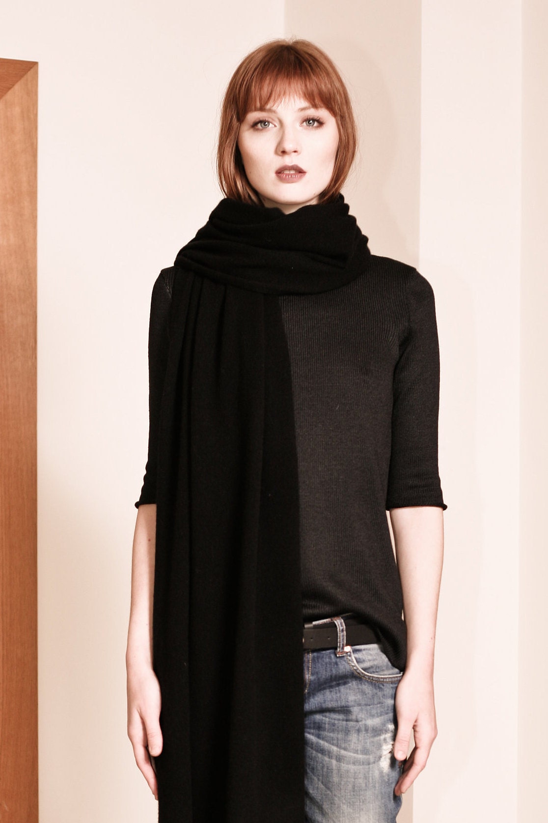 Large black cashmere scarf discount