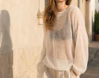 Sheer Mohair Knit Pullover, Oversized Fluffy Transparent Jumper