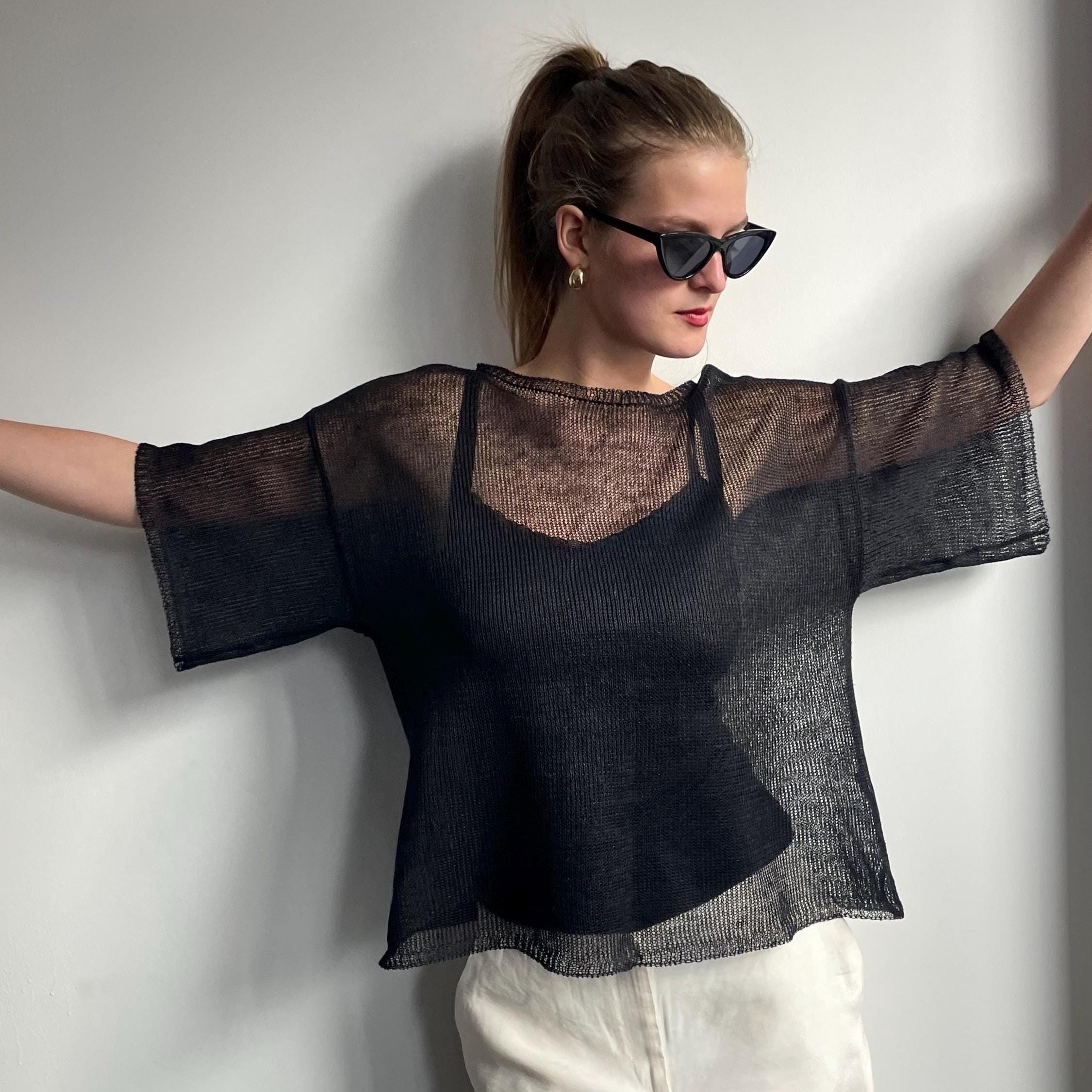 Open Knit Top Black Linen, Sheer Mesh Summer Top Women