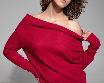 red cashmere wool sweater, off shoulder cashmere blend sweater, red pullover, red off the shoulder sweater, red cashmere jumper, red sweater