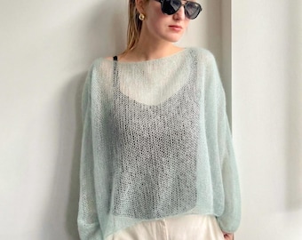 Sheer Knit Top Women, Mohair Silk Pullover, Lightweight See-Through Sweater, Aquamarine Loose Knit