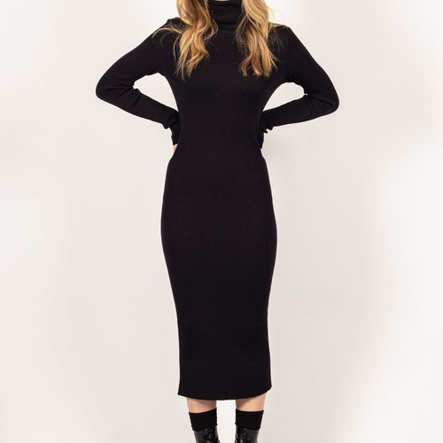 Black Wool Knit Dress, 100% Merino, Fitted Turtleneck Sweater Dress