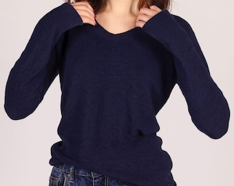 Navy Cashmere Sweater, Women's V Neck Pullover, Soft Lightweight Knit, Slim Fit Top