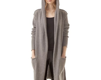 Cashmere Hooded Cardigan: Long Knit Duster Sweater with Belt